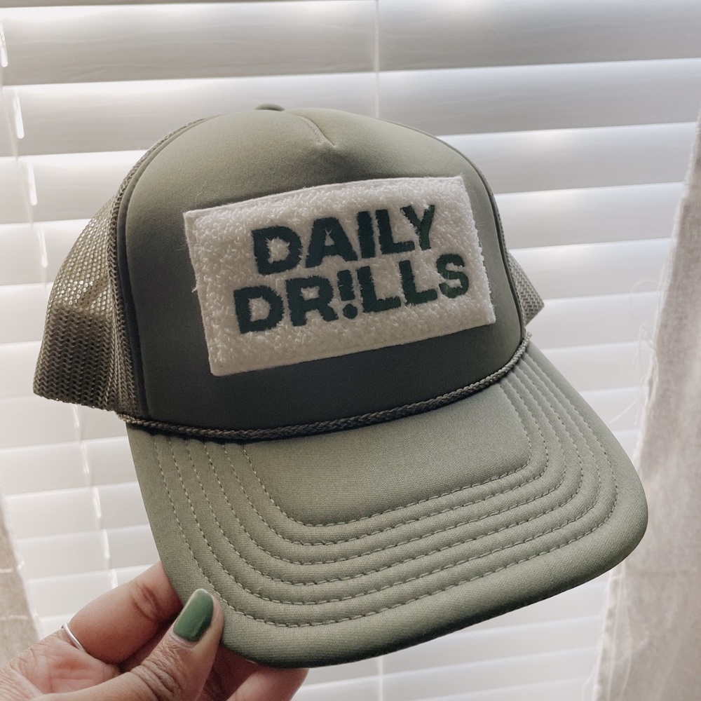Daily Drills Olive Green Trucker Hat with White Patch